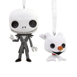 Load image into Gallery viewer, Front view of Jack and Zero Funko Pop ornaments with hanging loops