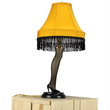 Load image into Gallery viewer, A Christmas Story 20-inch NECA leg lamp with fishnet stocking, fringe shade, and black resin base, unlit
