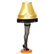 Load image into Gallery viewer, 26-inch deluxe tabletop leg lamp with gold polyester fringe shade, thigh-high fishnet stocking, and black stiletto heel, unlit
