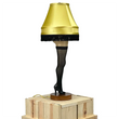 Load image into Gallery viewer, 26-inch deluxe tabletop leg lamp unlit, showing gold fringe shade, fishnet stocking, and black high heel
