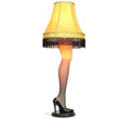 Load image into Gallery viewer, 45-inch full size leg lamp with fishnet stocking, fringe shade, and black wood base, illuminated
