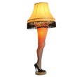 Load image into Gallery viewer, 50-inch deluxe tabletop leg lamp with fishnet stocking, fringe shade, and finished wood base, illuminated
