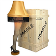 Load image into Gallery viewer, 50-inch deluxe leg lamp next to full size wood shipping crate with fragile stenciling
