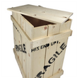 Load image into Gallery viewer, A light natural wood shipping crate with a hinged lid, featuring black printed text including 'FRAGILE' and 'HIS END UP.' on the side, shown on a plain white background. Lid is off showing how the lid comes off the leg lamp wood crate.
