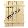 Load image into Gallery viewer, A natural wood shipping crate with vertical slats and horizontal reinforcing beams, featuring black printed text reading 'THIS END UP' and 'FRAGILE' on the front, isolated on a white background. Long side of a 50 inch full size crate.
