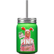Load image into Gallery viewer, A Christmas Story "Pink Nightmare" officially licensed green stainless steel insulated mason jar with lid and straw, featuring Ralphie in pink bunny suit artwork
