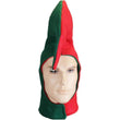Load image into Gallery viewer, Red and green felt Angry Elf hat worn on a mannequin, front view
