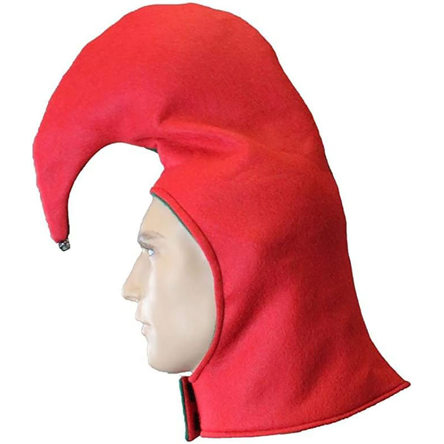 Side profile of red Christmas Angry Elf hat with silver bell