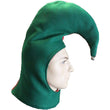 Load image into Gallery viewer, Green side of the felt Angry Elf hat showing red interior and silver bell
