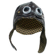 Load image into Gallery viewer, Brown vinyl aviator hat with plastic goggles and black gold houndstooth lined ear flaps, holiday classic replica
