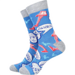 Load image into Gallery viewer, A Christmas Story men's crew sock in blue featuring the leg lamp and The Old Man with "It's a Major Award" graphic, sizes 9-11
