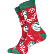 Load image into Gallery viewer, A Christmas Story men's crew sock in red and green featuring Ralphie's face and script lettering with snowflake accents, sizes 9-11
