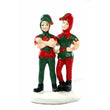 Load image into Gallery viewer, Department 56 A Christmas Story Village Department Store Elves figurine, two hand-painted elf characters in red and green costumes standing on white base, front view
