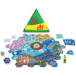 Load image into Gallery viewer, Elf Journey from the North Pole board game spread showing game board, cards, tokens, and Buddy the Elf mover figure
