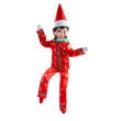 Load image into Gallery viewer, Elf on the Shelf Scout Elf wearing the Claus Couture Candy Cane Couture red pajama set with candy cane print and green trim
