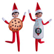 Load image into Gallery viewer, Elf on the Shelf Claus Couture Milk and Cookies costume set on two Scout Elves, one as a chocolate chip cookie and one as a milk bottle with a straw
