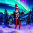 Load image into Gallery viewer, Scout Elf in a Hogwarts robe and Gryffindor scarf raising a wand under the northern lights
