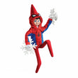 Load image into Gallery viewer, Elf on the Shelf Scout Elf wearing the Marvel Spider-Man Web Hero hoodie and clinging to snowflake suction cups

