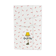 Load image into Gallery viewer, Flat lay of decorative holiday kitchen towel showing full leg lamp print and scattered fragile stamp pattern
