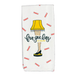 Load image into Gallery viewer, Decorative holiday kitchen towel with leg lamp graphic and fra-gee-lay it's Italian lettering on white background
