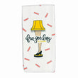 Load image into Gallery viewer, Decorative holiday kitchen towel with leg lamp graphic and fra-gee-lay it's Italian lettering on white background
