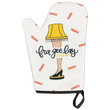 Load image into Gallery viewer, Front view of holiday oven mitt with leg lamp and fra-gee-lay it's Italian graphic on white background
