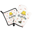 Load image into Gallery viewer, Holiday oven mitt and pot holder set with leg lamp graphic and fra-gee-lay it's Italian lettering on white background
