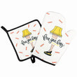 Load image into Gallery viewer, Holiday oven mitt and pot holder set with leg lamp graphic and fra-gee-lay it's Italian lettering on white background
