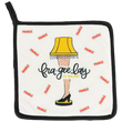 Load image into Gallery viewer, Front view of holiday pot holder with leg lamp and fra-gee-lay it's Italian graphic and scattered fragile stamp pattern
