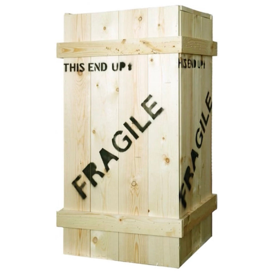 Handcrafted wood display crate with FRAGILE stencil and THIS END UP text