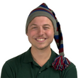 Load image into Gallery viewer, Smiling man wearing a grey, blue, and maroon striped knit stocking cap with long tail and yarn tassel, front view
