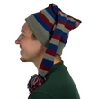 Load image into Gallery viewer, Side profile of striped acrylic knit stocking cap showing long tail and multi-color tassel
