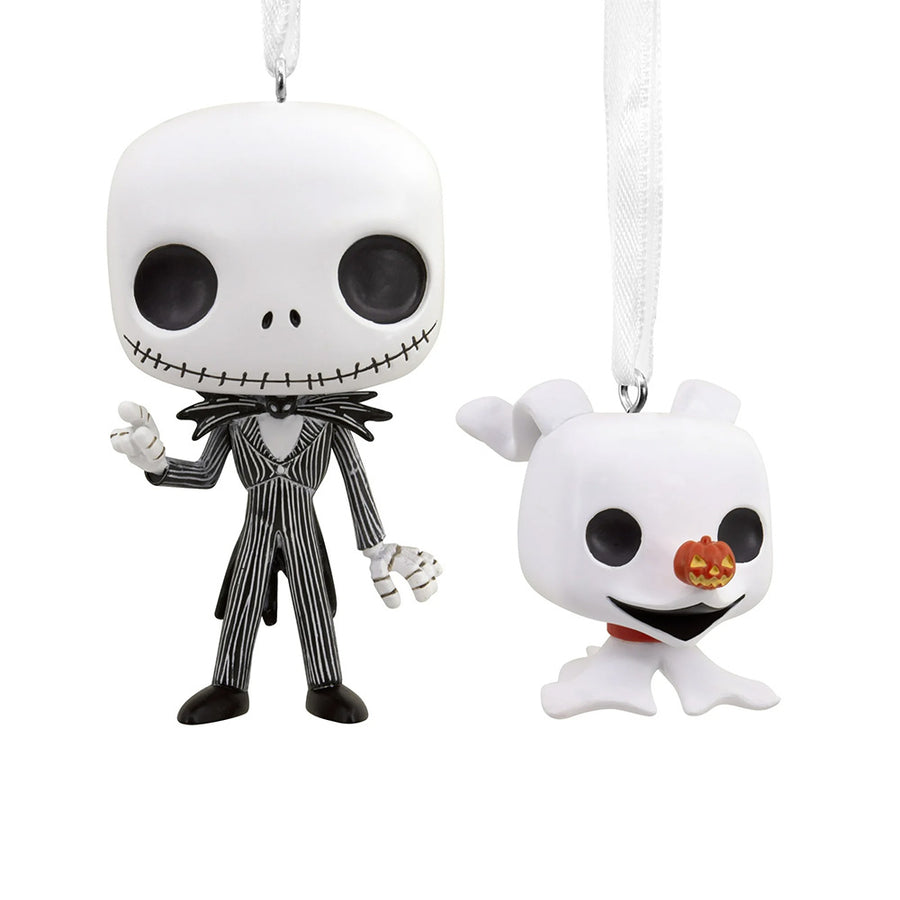 Front view of Jack and Zero Funko Pop ornaments with hanging loops