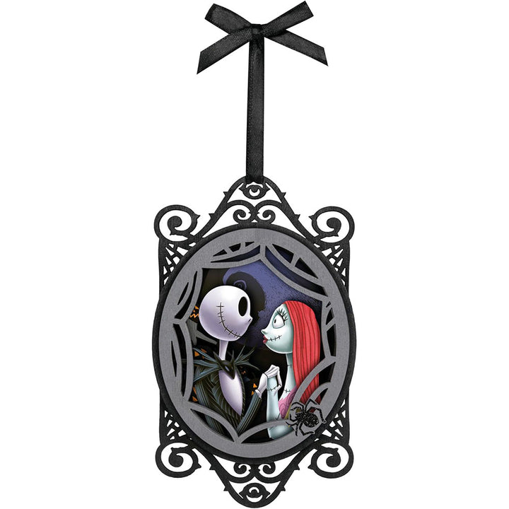 Hallmark 2024 Jack & Sally papercraft ornament with ornate black frame, black bow, and glitter spider