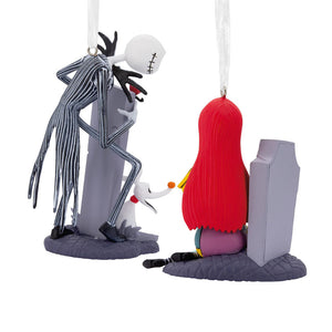 Back of Jack and Sally Hallmark ornaments showing character details and base designs