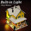 Load image into Gallery viewer, Close-up of the mini leg lamp glowing in the front window of the holiday house brick set
