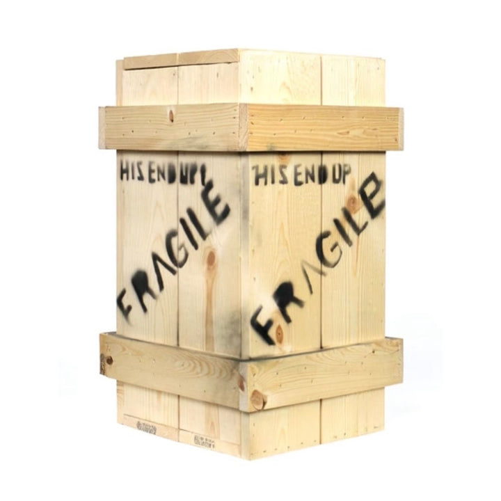 Empty wooden FRAGILE crate styled after a famous holiday movie prop