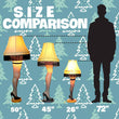 Load image into Gallery viewer, Leg lamp size comparison chart showing 26-inch, 45-inch, and 50-inch tabletop leg lamps next to a 72-inch human silhouette
