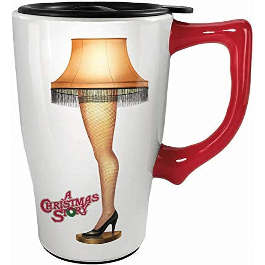 A Christmas Story travel mug featuring the Leg Lamp and movie logo.