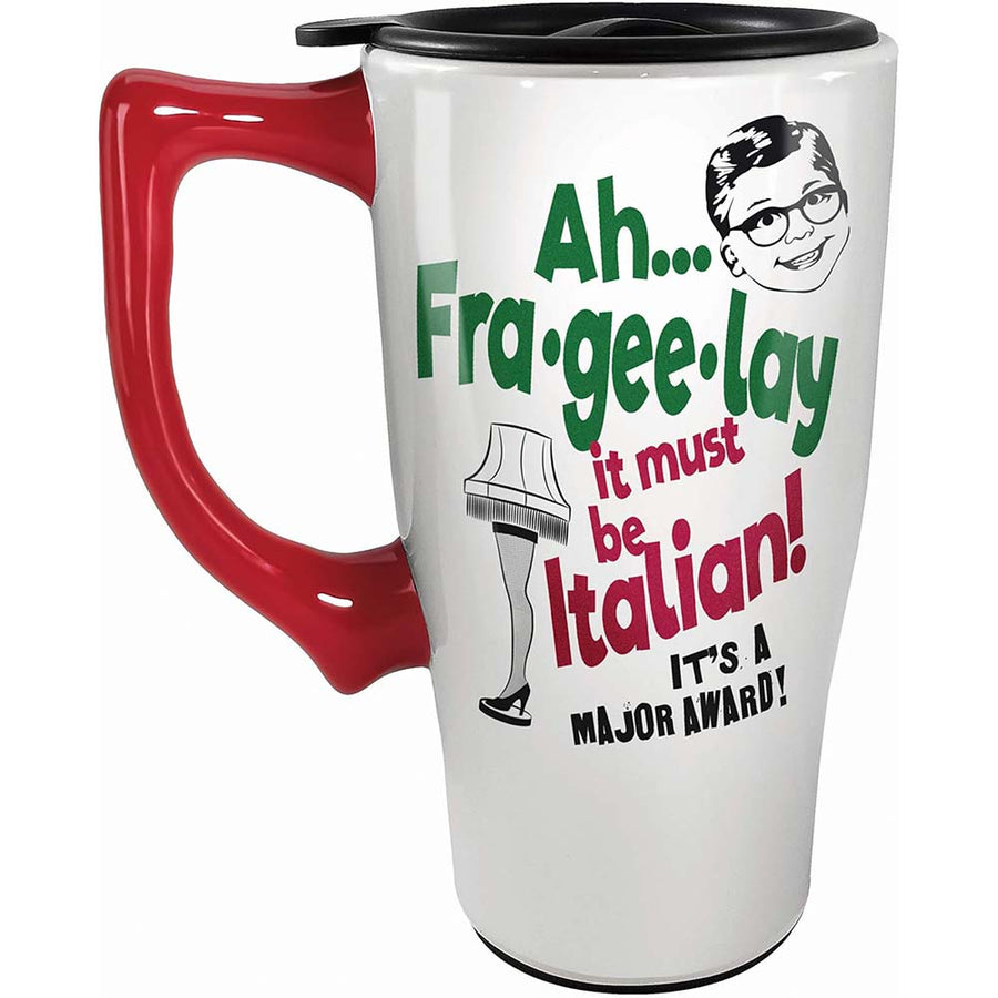 A Christmas Story travel mug with quote “Ah… Fra-gee-lay, it must be Italian! It’s a major award!” with red handle 