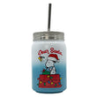 Load image into Gallery viewer, Officially licensed Peanuts Dear Santa 18 oz double-walled stainless steel mason jar with stainless steel lid and straw, featuring Snoopy in a Santa hat writing on his Christmas light-covered doghouse
