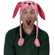 Load image into Gallery viewer, Pink knit bunny laplander hat with embroidered bunny face, fleece lining, and braided tassel ties, holiday classic inspired costume accessory
