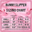 Load image into Gallery viewer, Pink bunny slipper sizing chart showing slipper length in inches and US men's and women's shoe sizes for small through x-large
