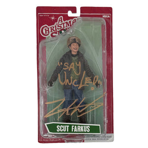 NECA Scut Farkus action figure from A Christmas Story, autographed by Zack Ward with "Say Uncle!" in gold marker