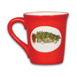 Load image into Gallery viewer, Red mug with a white circular design featuring a cart of Christmas trees on a white background
