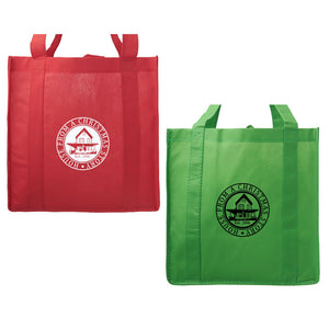 Tote bag with house graphic laid flat
