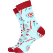 Load image into Gallery viewer, A Christmas Story men's crew sock in light blue and red featuring BB gun, target bullseye, and "You'll Shoot Your Eye Out" graphic, sizes 9-11
