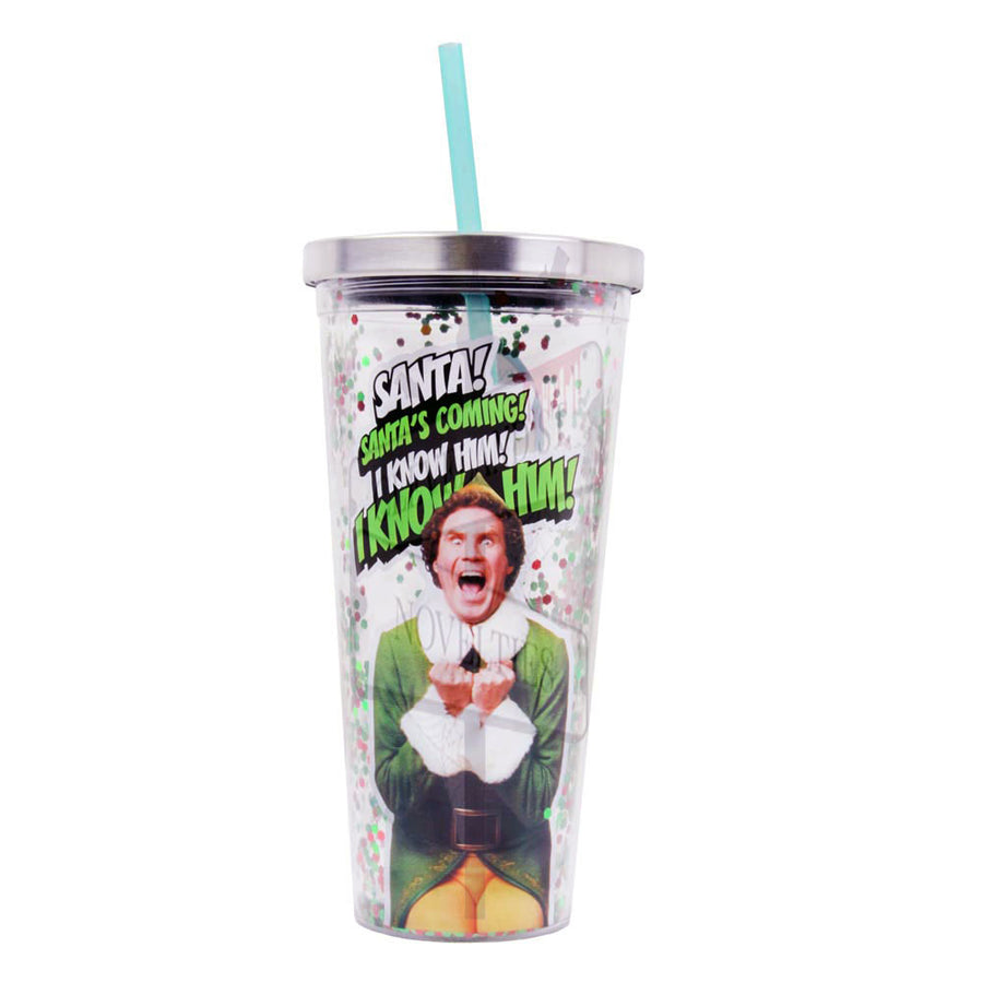 Santa's Coming 20oz Glitter Straw Cup From Elf The Movie – Red