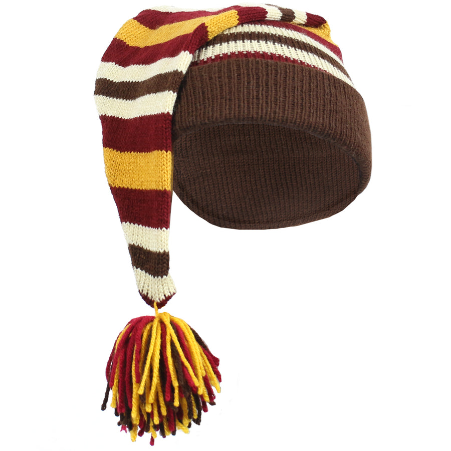 Brown, yellow, and maroon striped knit stocking cap with tassel