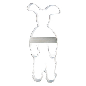 Front view of metal bunny-shaped cookie cutter with long ears and rounded body.